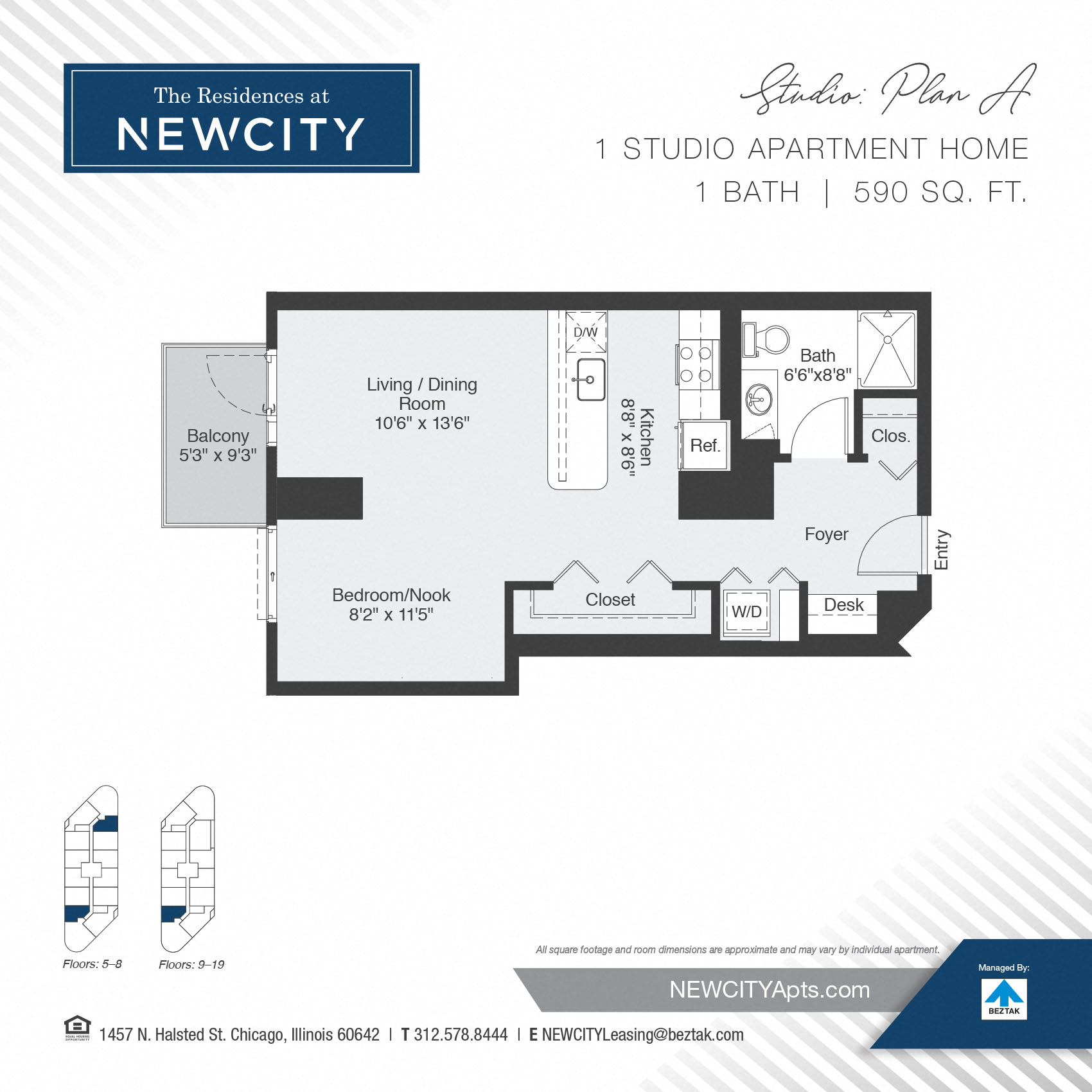 Floor plan for studio, 1 bath, 590 sqft
